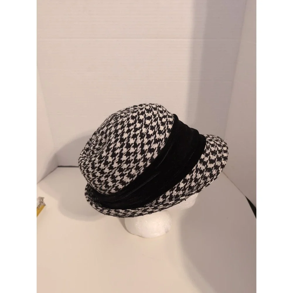 Unisex Houndstooth Fedora‎ with Black Velvet Band Wool Blend Size L/XL